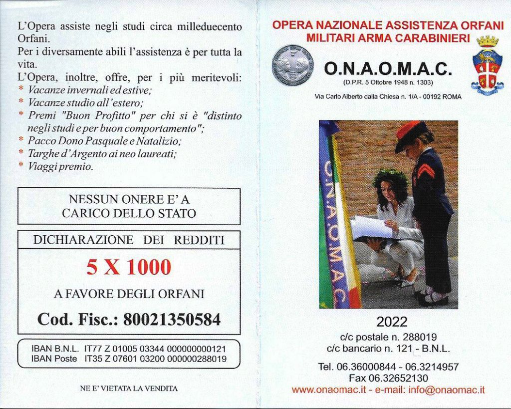 5x1000 dichiarazione dei redditi a favore Orfani Militari Arma Carabinieri